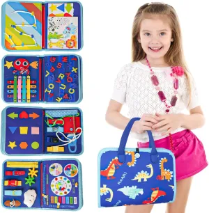 Dinosaur -8 pages) Busy Board - Montessori Toys for 3-6 Year Olds$ Birthday Gifts for 3-4-5-6 Year Olds Boys and Girls$ Educational Learning Quiet Activity acidity flatfish sense Book$ Including Life Skills$ Cognition (Blue 