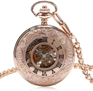 Double Open Hunter Watch Gift Online Charm Rose Gold Mechanical Pocket Watch Men's Clock Women's Dress insistence Chain Jewelry Fashion 