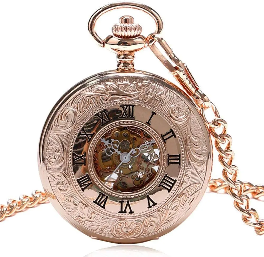 Double Open Hunter Watch Gift Online Charm Rose Gold Mechanical Pocket Watch Men's Clock Women's Dress insistence Chain Jewelry Fashion 