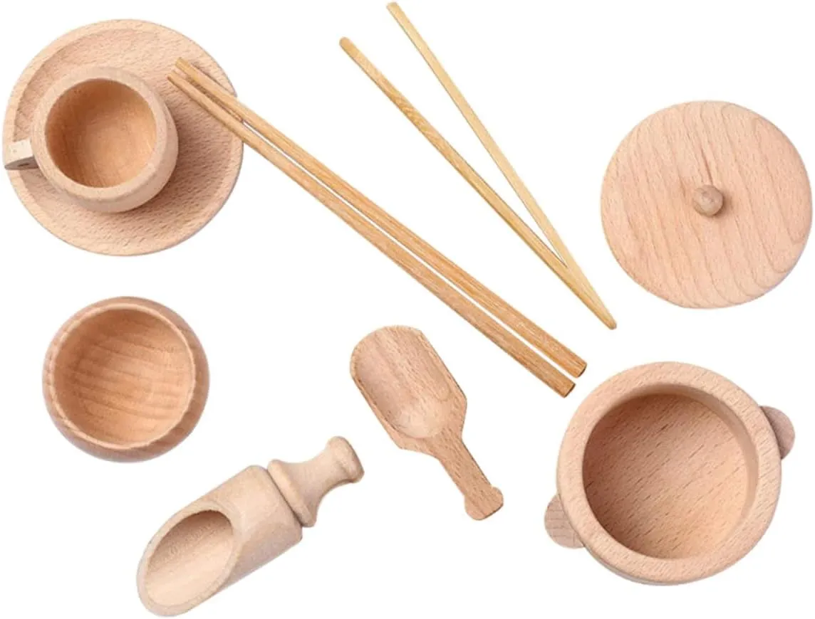 Early Educational Sensory Toy for Boys and Girls Light Yellow Tableware Hours of Creative Cooking Fun 1set Boy Girl Montessori humidity Wooden Dinnerware Playset 