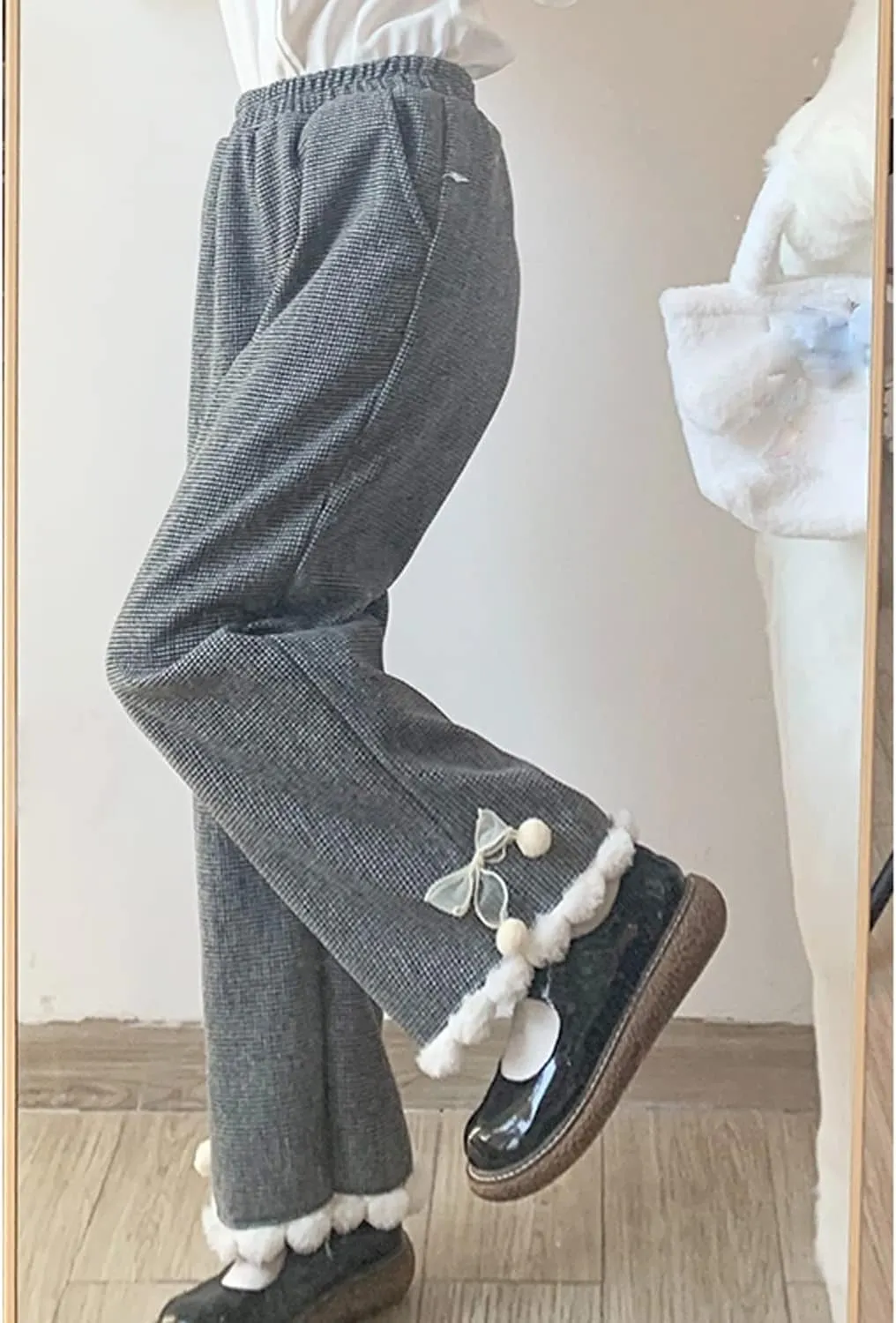 Elastic Waist Cute Pants Girls' reconcile unprofitable Solid Color Casual Woolen Wide Leg Pants with Pocket Japanese Style Sweet Plush Hem 