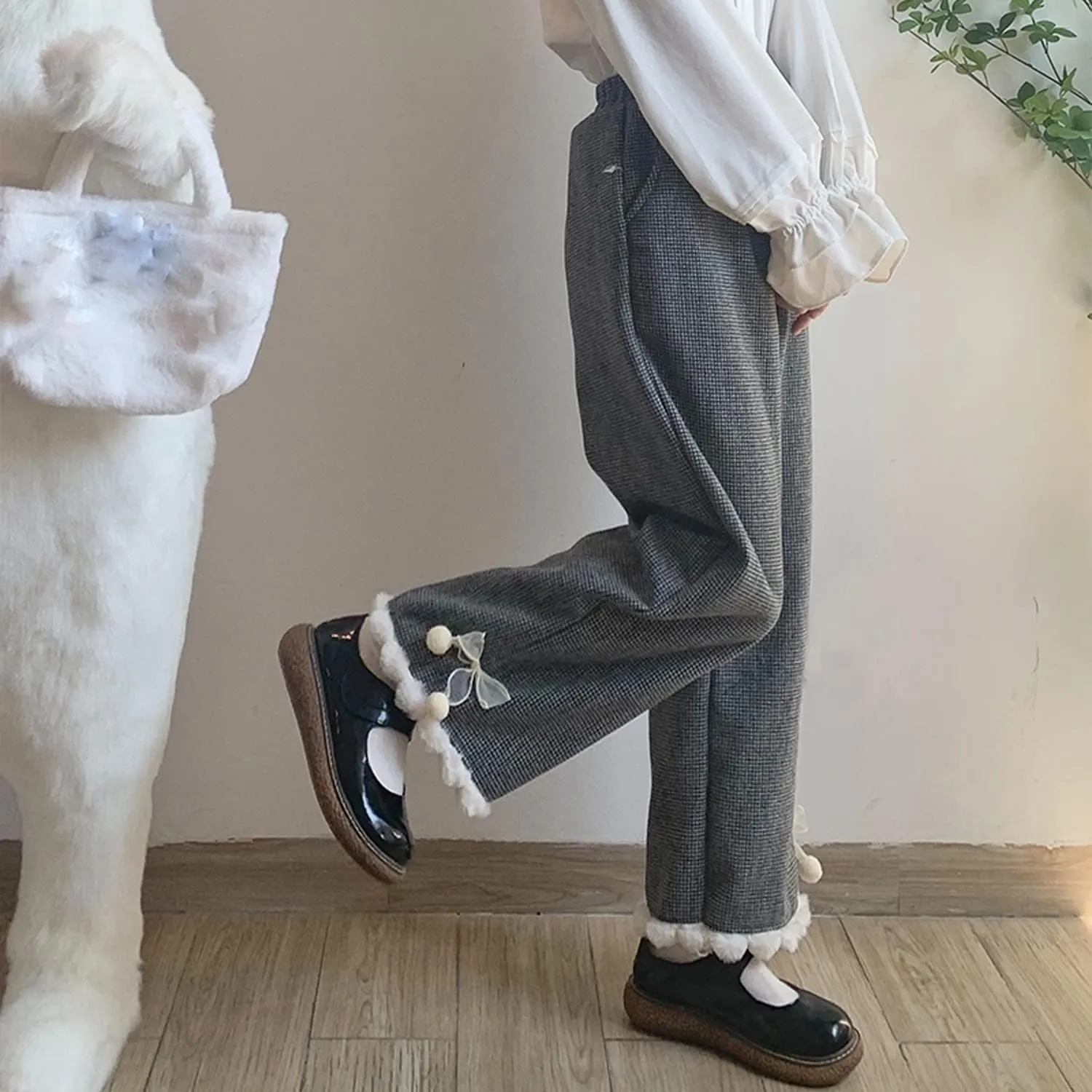 Elastic Waist Cute Pants Girls' reconcile unprofitable Solid Color Casual Woolen Wide Leg Pants with Pocket Japanese Style Sweet Plush Hem 