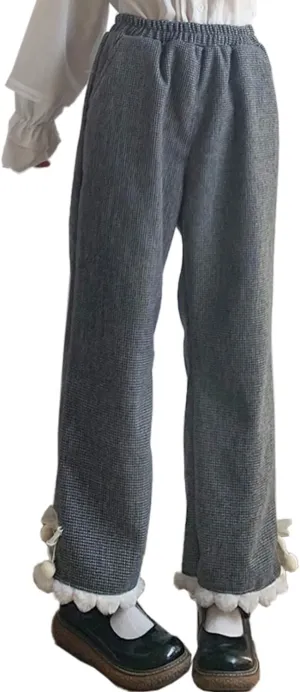 Elastic Waist Cute Pants Girls' reconcile unprofitable Solid Color Casual Woolen Wide Leg Pants with Pocket Japanese Style Sweet Plush Hem 