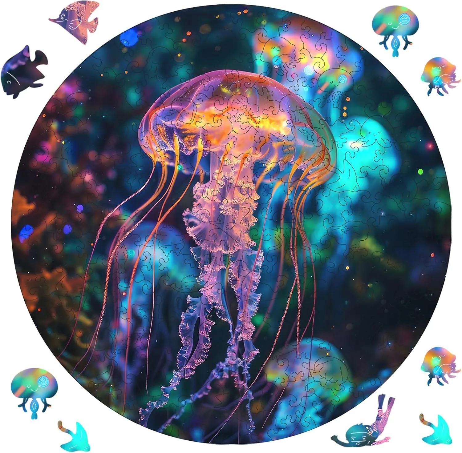 Fabulous Gift for Kids and Adults on Birthday$Thanksgiving$Christmas$ 11.2 x 11.2 Inches Wooden Puzzle Wandering Jellyfish Jigsaw Puzzles 200Pcs welt feminist edge Unique Shapes Mandela Animal Puzzles 