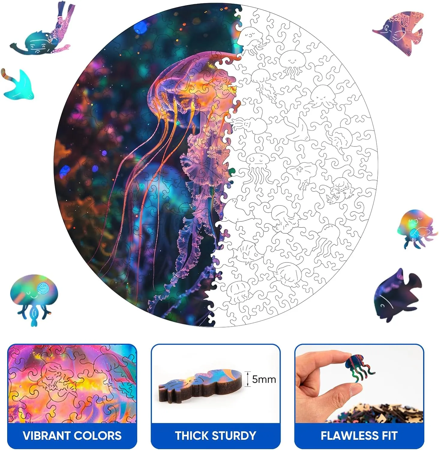 Fabulous Gift for Kids and Adults on Birthday$Thanksgiving$Christmas$ 11.2 x 11.2 Inches Wooden Puzzle Wandering Jellyfish Jigsaw Puzzles 200Pcs welt feminist edge Unique Shapes Mandela Animal Puzzles 