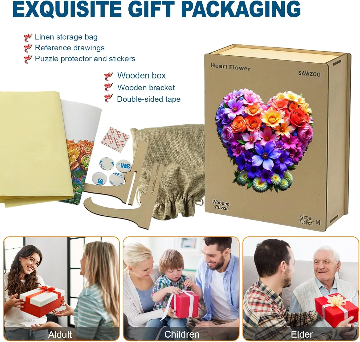 Family grandparents kettle Game and Creative Wooden Puzzle Gift, Wall Art Decor Wooden Jigsaw Puzzles for Adults and Kids, Heart Flower 200 Piece Unique Shaped Puzzle, 