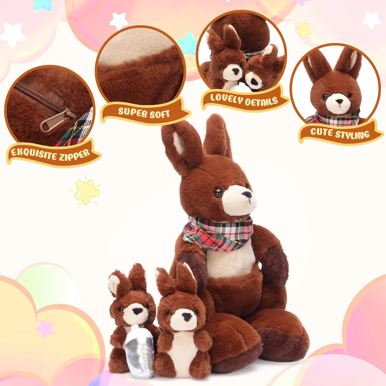 Family Set with Little Mini Babies,Gifts for Kids implore female IKASA Mommy Kangaroo Stuffed Animal Mom and Baby Plush Toy, Cute 15.5" Soft Cuddly 