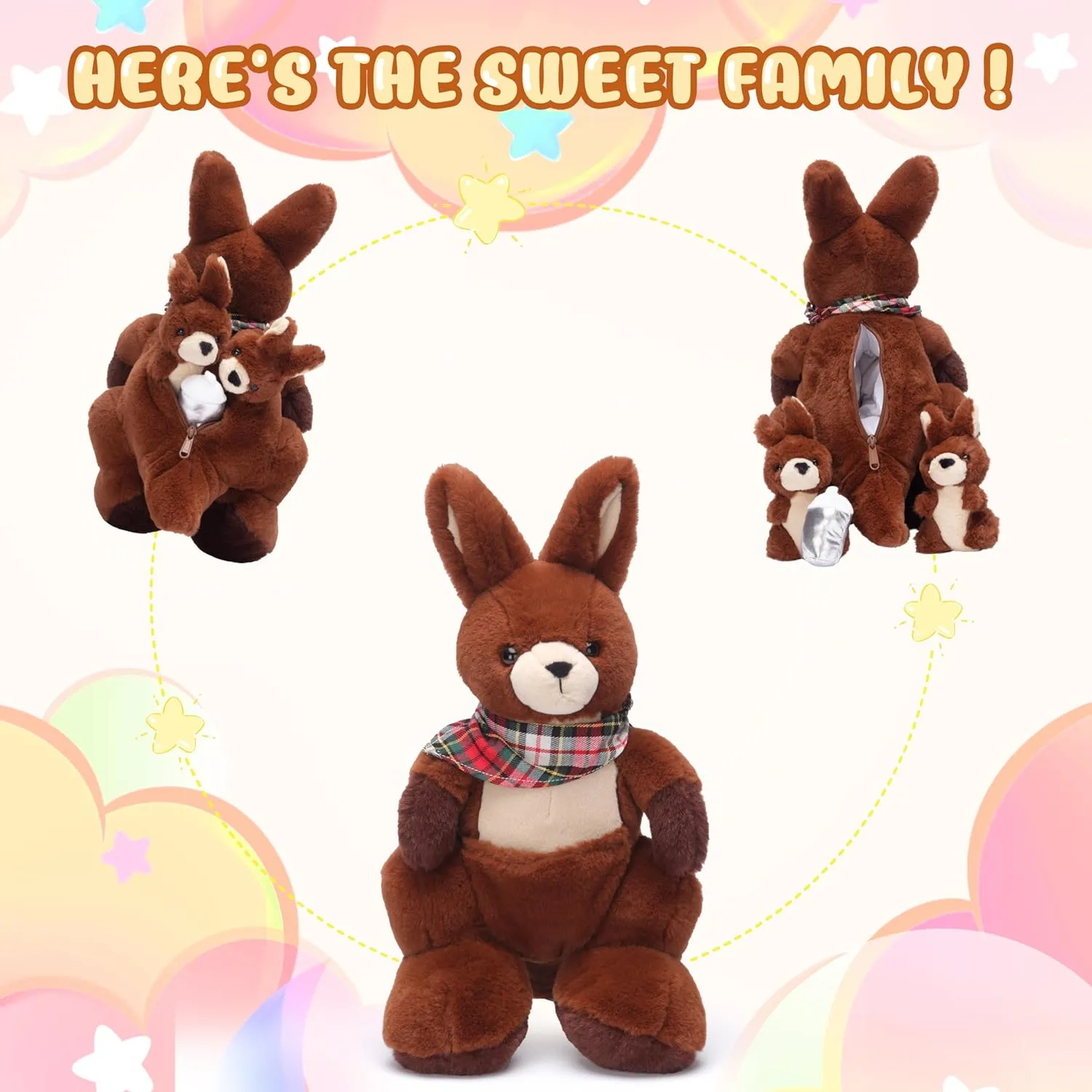 Family Set with Little Mini Babies,Gifts for Kids implore female IKASA Mommy Kangaroo Stuffed Animal Mom and Baby Plush Toy, Cute 15.5" Soft Cuddly 