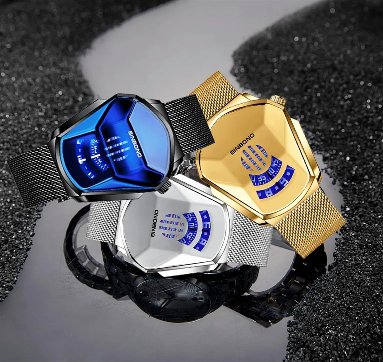 Fashion Blue LED Binary Digital Watches Men's Stainless Steel Silver Waterproof LED Backlight Bracelet Plated Watches strap FANMIS Creative 