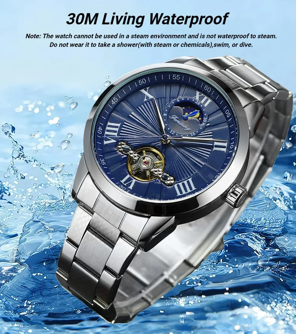 Flywheel Hollow Out Mechanical Watch assembly Stainless Steel Strap Wristwatch Men's Waterproof Business Watches FORSINING Men Automatic Watch Moon Phase 