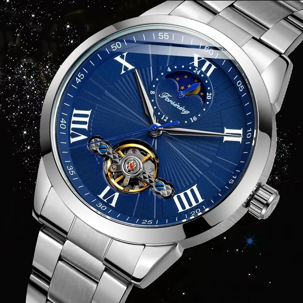 Flywheel Hollow Out Mechanical Watch assembly Stainless Steel Strap Wristwatch Men's Waterproof Business Watches FORSINING Men Automatic Watch Moon Phase 