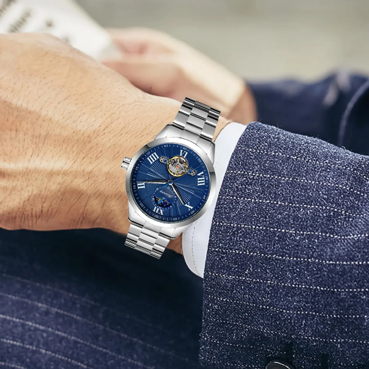 Flywheel Hollow Out Mechanical Watch assembly Stainless Steel Strap Wristwatch Men's Waterproof Business Watches FORSINING Men Automatic Watch Moon Phase 