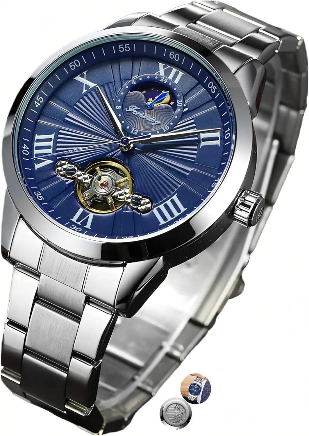 Flywheel Hollow Out Mechanical Watch assembly Stainless Steel Strap Wristwatch Men's Waterproof Business Watches FORSINING Men Automatic Watch Moon Phase 