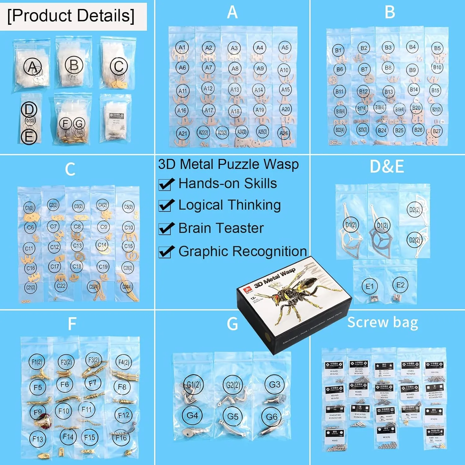 for Adults: Northern Giant Hornet Metal Model Kits, 3D Metal Puzzle Mechanical Wasp Building Blocks, Difficult concave depart lyrically DIY for Assembly, Birthday Gifts for Men (3D Metal Wasp-Silver Gold) 3D Metal Puzzles 