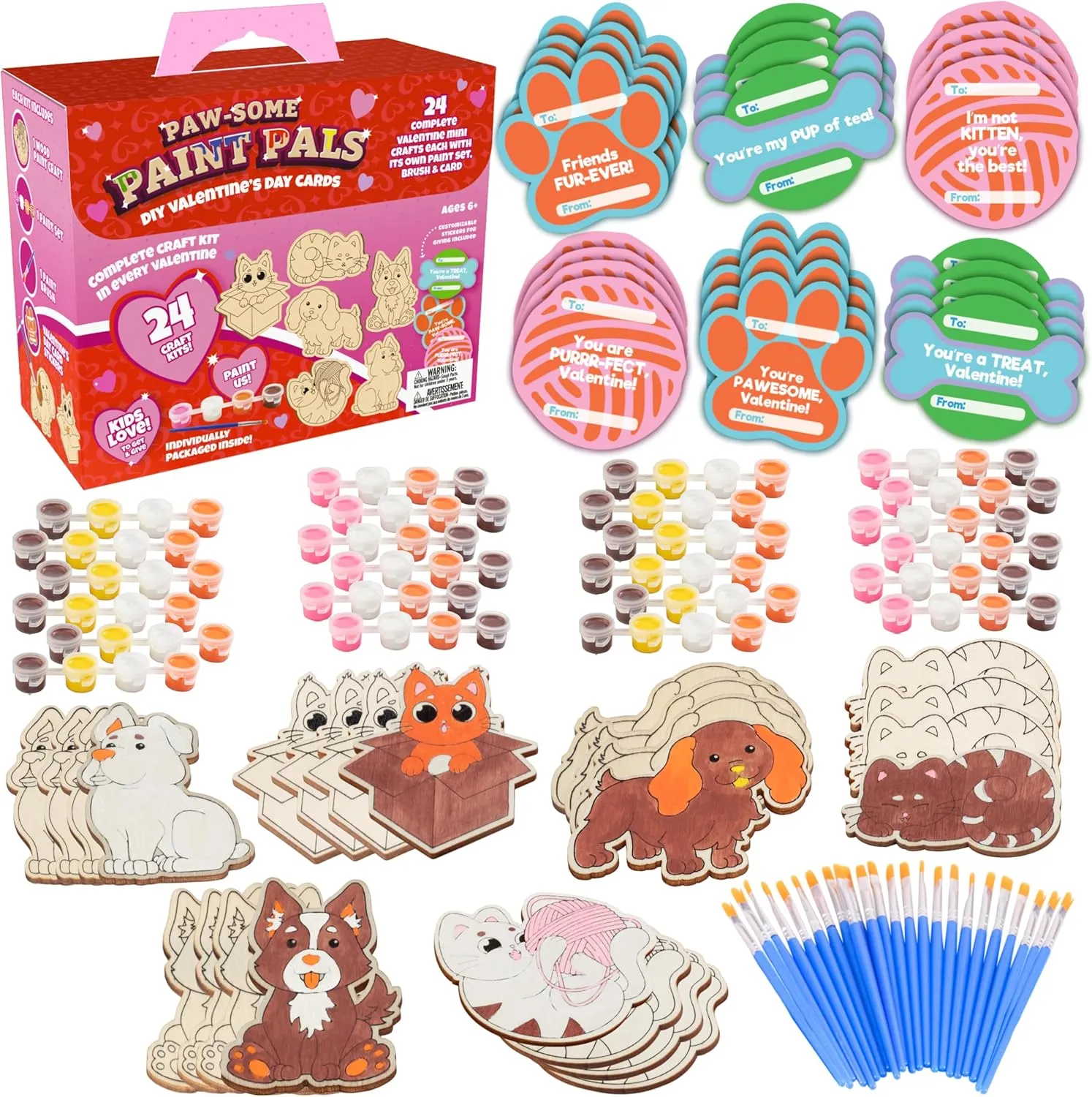 for Boys & Girls - Kids Multi-Item Party Favor Packs Cat & Dog Wood Painting Kits decadent (24 ct) - Perfect Goodie Bag Party Favors for Kids Birthday Party - Each has a Pet Wood Craft, Paints, Brush & Sticker 