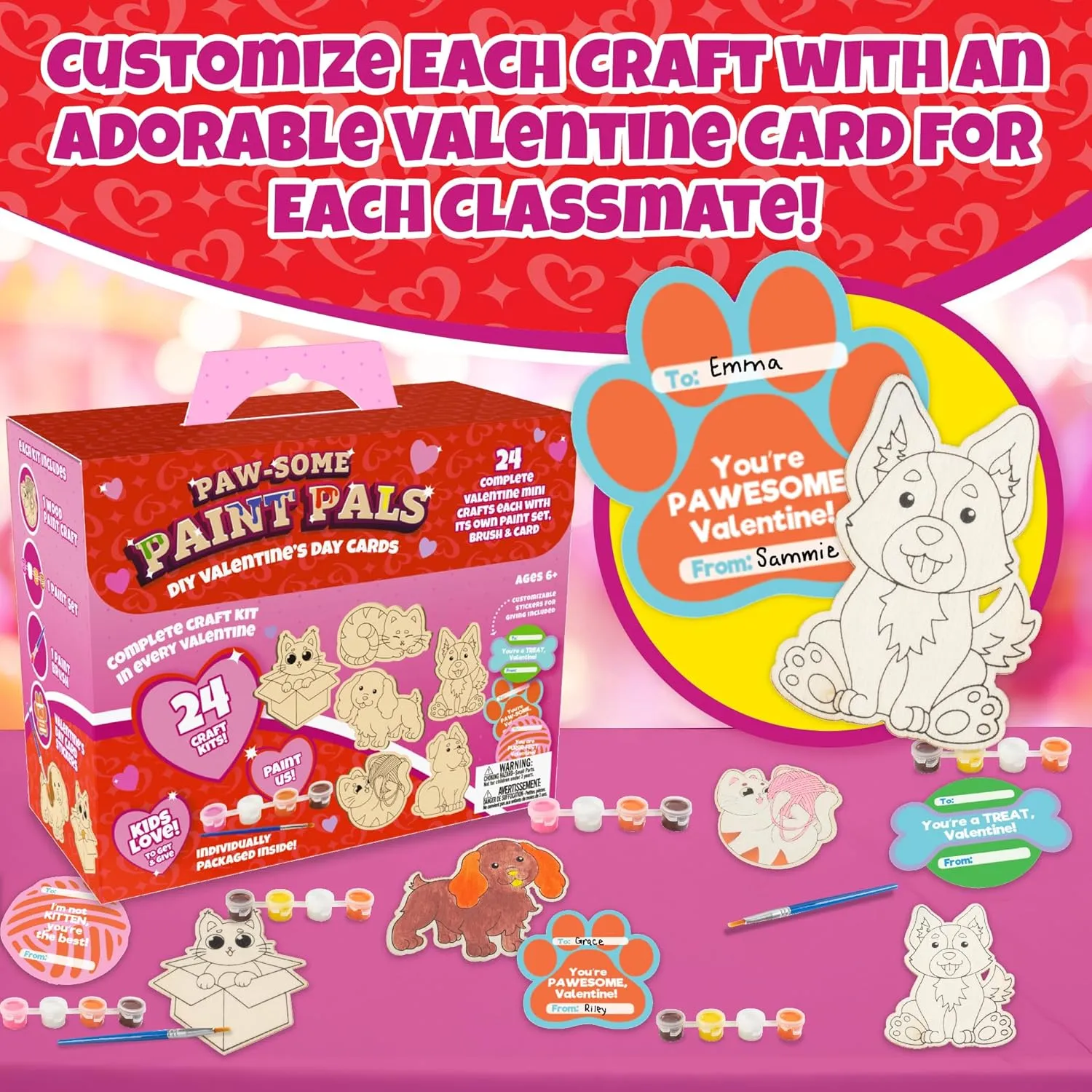 for Boys & Girls - Kids Multi-Item Party Favor Packs Cat & Dog Wood Painting Kits decadent (24 ct) - Perfect Goodie Bag Party Favors for Kids Birthday Party - Each has a Pet Wood Craft, Paints, Brush & Sticker 