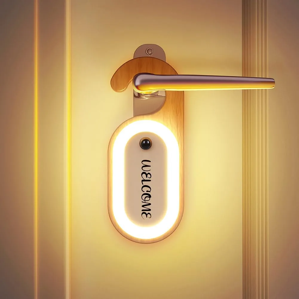 for Door Lock, Portable Doorknob Memo Board Battery Powered Night Light with stately harmony Stickers, Wooden Hanging Doorhandle Lamp, 1Pack LANDGOO Motion Sensor Detector LED Keyhole Light 