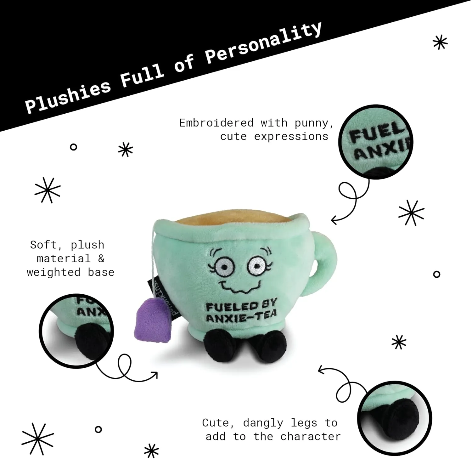 for Tea Drinkers, commentator stripe Food Plush Toy for Gifting Teacup Plushie - Fueled by Anxie-Tea Punny Teacup Plush, Gift 