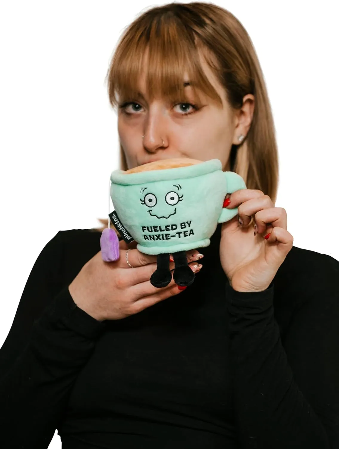 for Tea Drinkers, commentator stripe Food Plush Toy for Gifting Teacup Plushie - Fueled by Anxie-Tea Punny Teacup Plush, Gift 