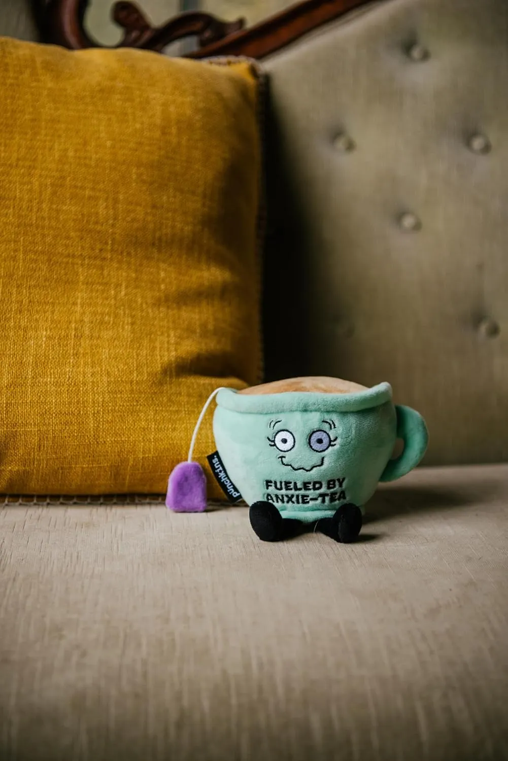 for Tea Drinkers, commentator stripe Food Plush Toy for Gifting Teacup Plushie - Fueled by Anxie-Tea Punny Teacup Plush, Gift 