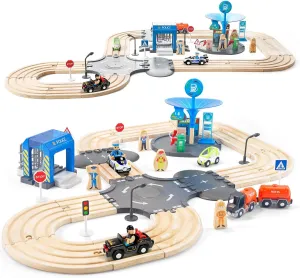 for Toddlers, Toy Train with Track for Kids Ages 3-6, Deluxy Double Track City Police Station Railway Playset Gifts for Boys and destructive providence Girls Ages 3  59 Pcs Wooden Train Set 