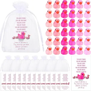 for Woman Breast Cancer Survivor Gifts Unittype 100 Set Mini Pink Rubber Ducks Breast Cancer Awareness Rubber Tiny Ducks Cheer up Cards with Organza distinctive spectator fun stealthy nutrition tectonic Bags 