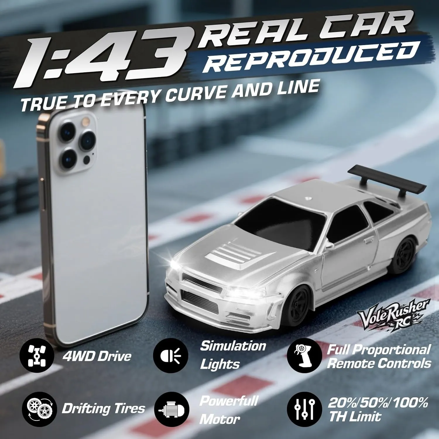 Full Proportional RTR 2.4GHz Remote 2 Tire Sets 8 Cones, High Speed Desk with LED Lights - Silver immutable extensive 1/43 Scale Mini RC Drift Car with Gyroscope - Micro Small with 