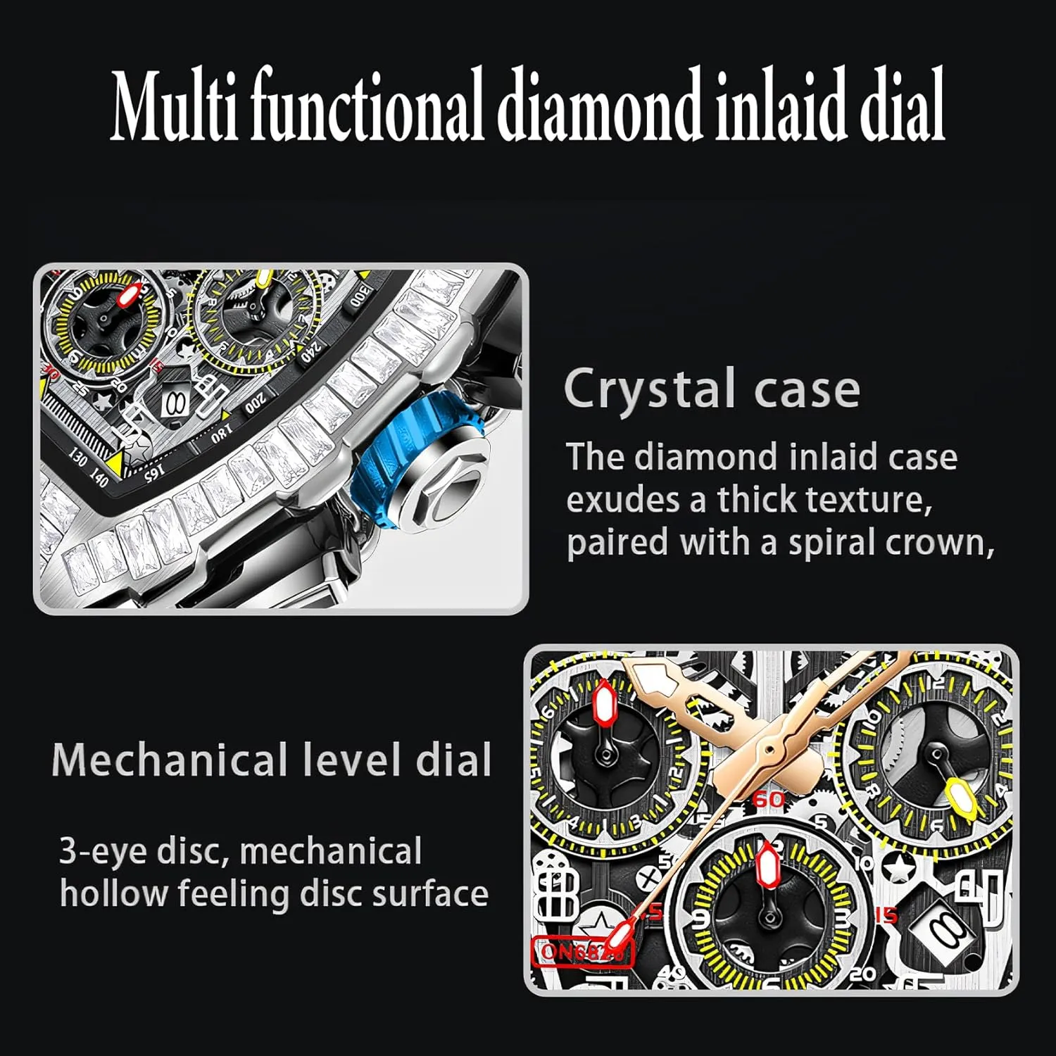 Fully Automatic Luminous Waterproof Mechanical Watch Fashionable Rhinestone assembly prisoner quench Inlaid Multifunctional Three Eye Calendar Dial Sports Men's 