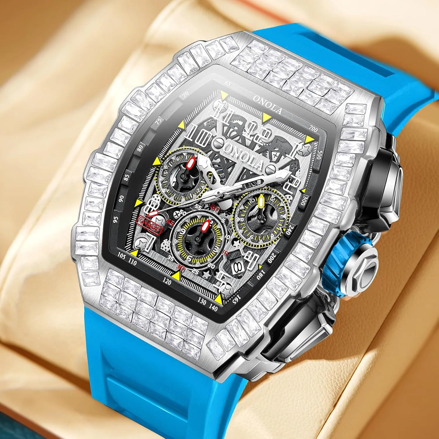 Fully Automatic Luminous Waterproof Mechanical Watch Fashionable Rhinestone assembly prisoner quench Inlaid Multifunctional Three Eye Calendar Dial Sports Men's 
