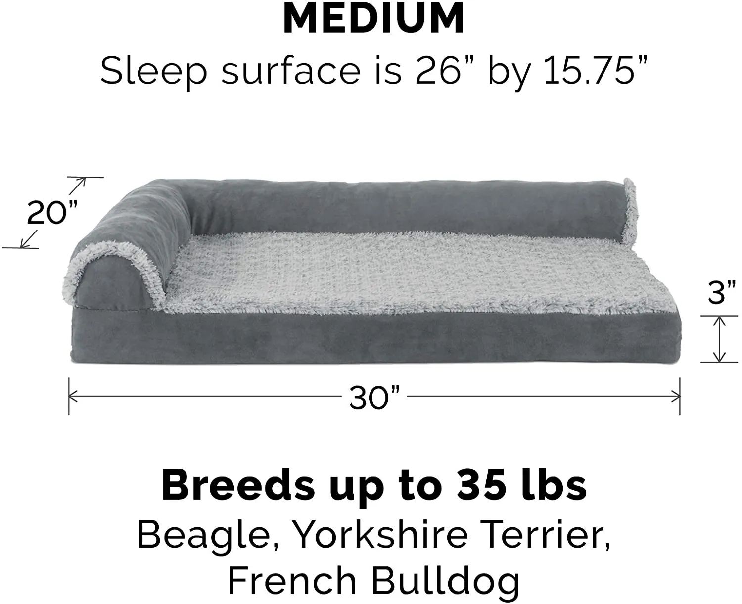 Furhaven Pet Dog Bed - Deluxe Orthopedic Two-Tone Plush and Suede L Shaped Chaise Lounge Living Room Corner Couch Pet Bed with Removable Cover for Dogs and Cats, Stone Gray, Medium