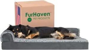 Furhaven Pet Dog Bed - Deluxe Orthopedic Two-Tone Plush and Suede L Shaped Chaise Lounge Living Room Corner Couch Pet Bed with Removable Cover for Dogs and Cats, Stone Gray, Medium