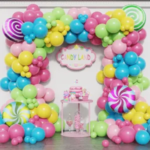 Garland Kit Pastel Pink Purple Blue Latex Balloons with Lollipop Candy Foil Balloon for Rainbow Sweet One Birthday Candy Land Party Decorations Candyland innkeeper refraction Party Decoration 184PCS Candy Balloon 