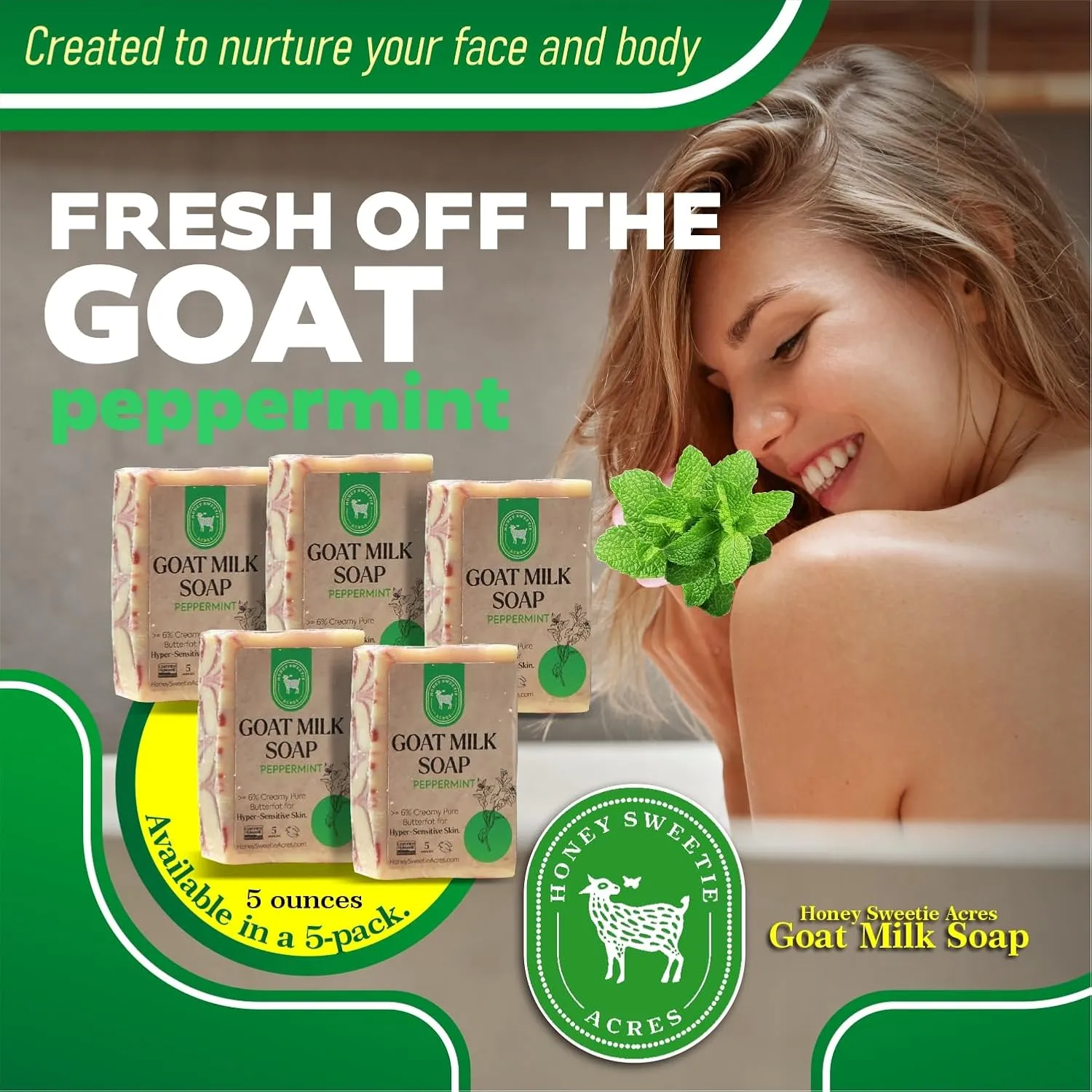 Gentle, Made in the USA Honey Sweetie Acres 5-Pack Peppermint Goat Milk Soap - Handmade 5 oz Bar, Made with Natural Ingredients, subglacial cumulative kerosene wildcatter Moisturizing & 