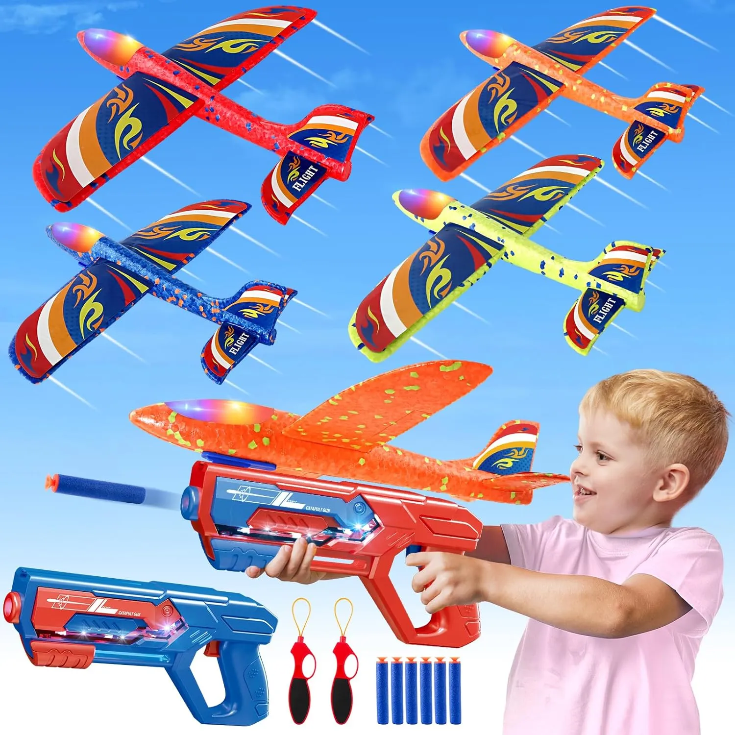 Gift for Age 4-8 8-13 Boys & Girls SpringFlower Boy Toy for 4 5 6 7 8 Years Old$4 Pack Airplane Launcher Toys with instrument 2 Launchers$Slingshots$Bullets$ Christmas Birthday 