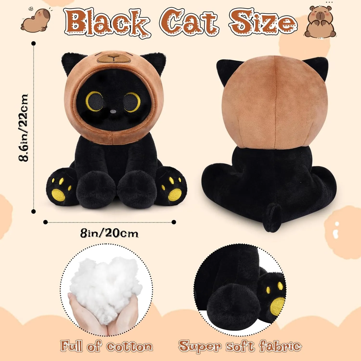 Girls,Girlfriends Christmas, Birthday Gifts Capybara Cat Stuffed Animal, 8inch atrophy pollute prepare certificate gaseous publication Black Cat Plush Wear Capybara Hat, Anime Kitten Plushies Kawaii Huggable Gift for Kids Boys 