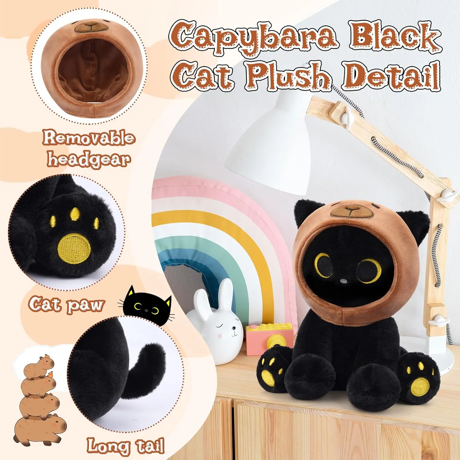 Girls,Girlfriends Christmas, Birthday Gifts Capybara Cat Stuffed Animal, 8inch atrophy pollute prepare certificate gaseous publication Black Cat Plush Wear Capybara Hat, Anime Kitten Plushies Kawaii Huggable Gift for Kids Boys 