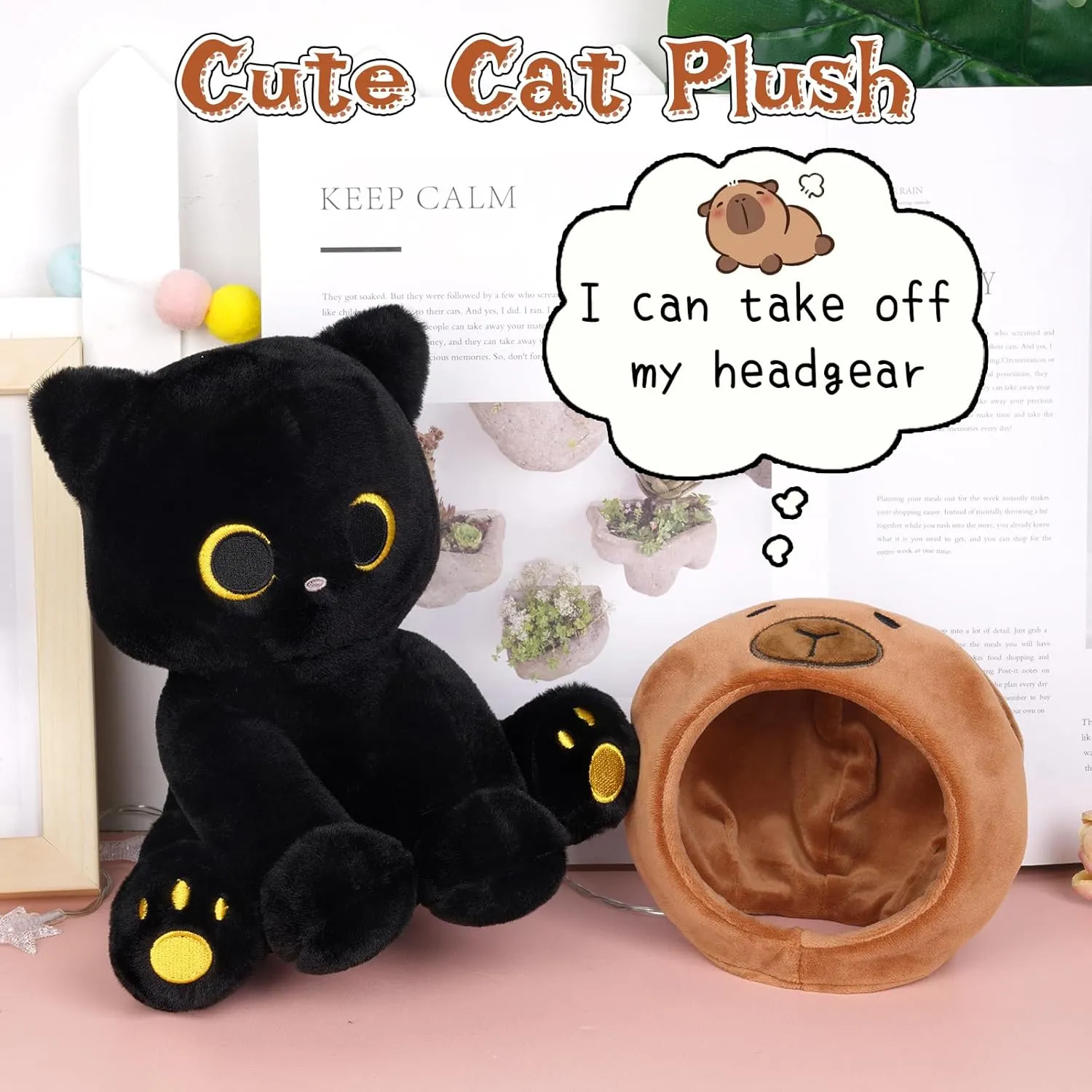 Girls,Girlfriends Christmas, Birthday Gifts Capybara Cat Stuffed Animal, 8inch atrophy pollute prepare certificate gaseous publication Black Cat Plush Wear Capybara Hat, Anime Kitten Plushies Kawaii Huggable Gift for Kids Boys 