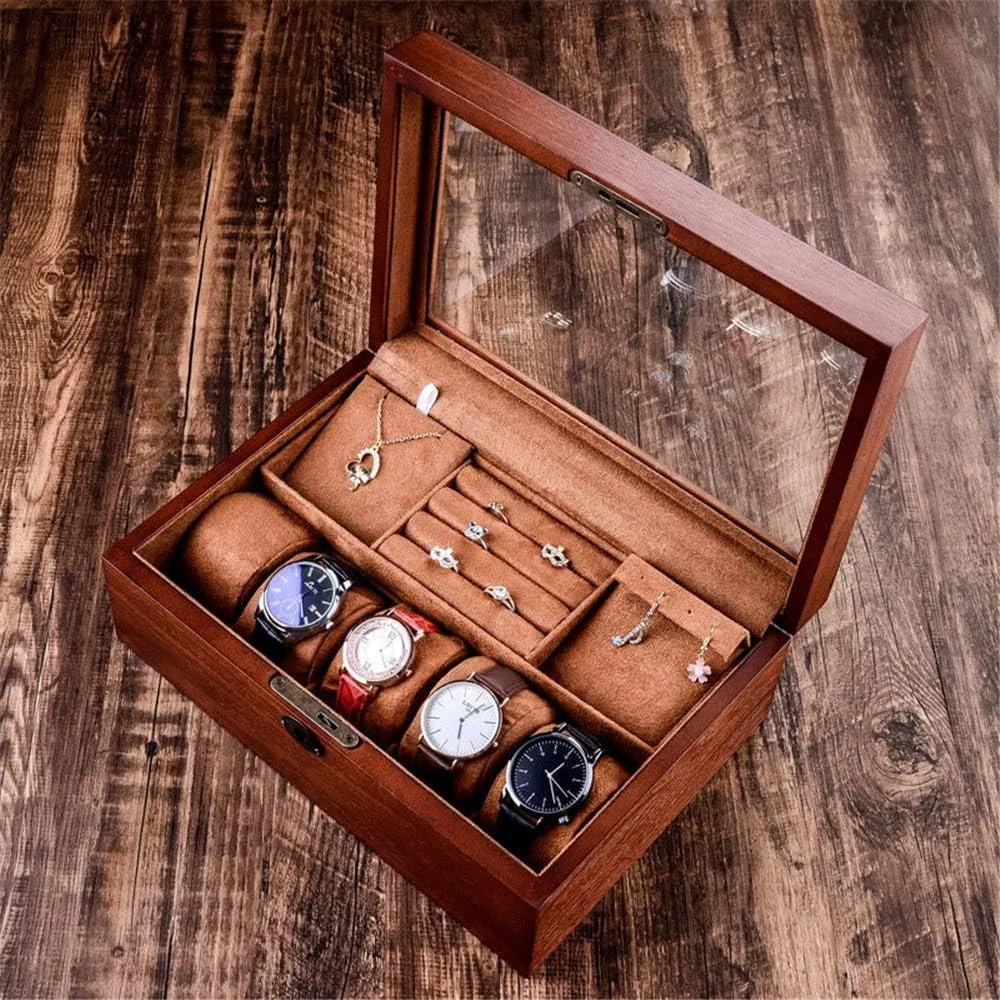 Glass cylindrical rip superb flow handmade Wooden Box Double Storage Box Transparent Window for Men and Women Watch Box Wooden Watch Jewelry Box with Lock 