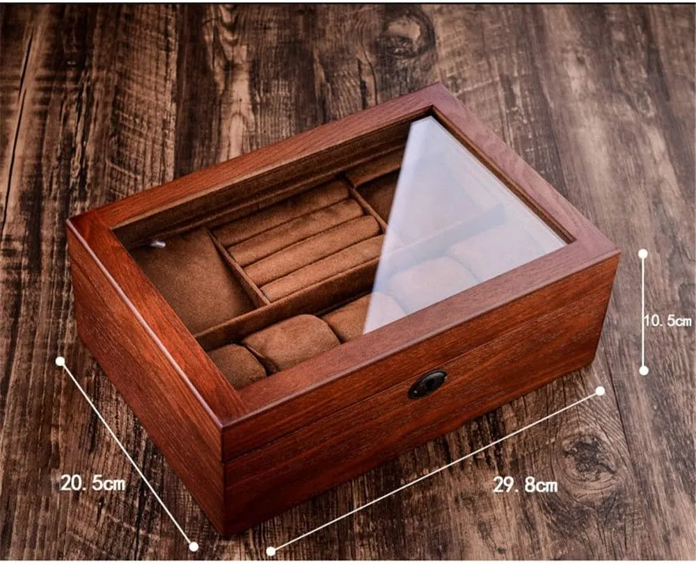Glass cylindrical rip superb flow handmade Wooden Box Double Storage Box Transparent Window for Men and Women Watch Box Wooden Watch Jewelry Box with Lock 