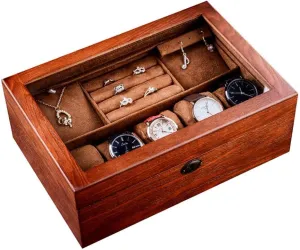 Glass cylindrical rip superb flow handmade Wooden Box Double Storage Box Transparent Window for Men and Women Watch Box Wooden Watch Jewelry Box with Lock 