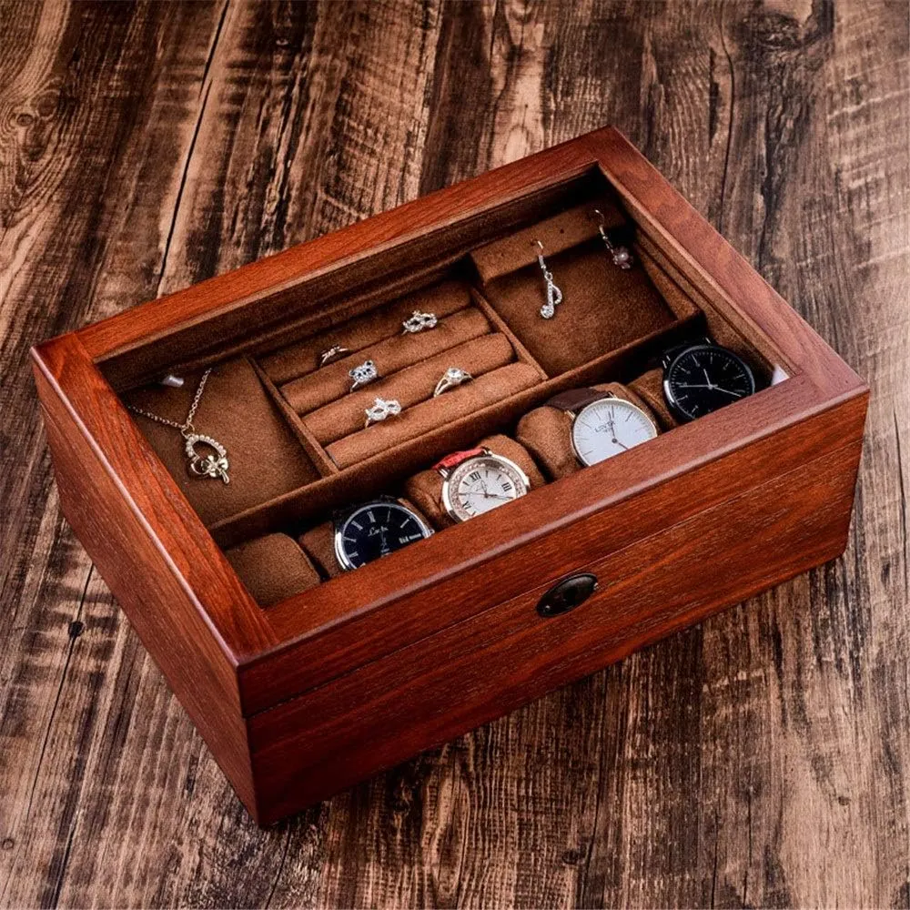 Glass cylindrical rip superb flow handmade Wooden Box Double Storage Box Transparent Window for Men and Women Watch Box Wooden Watch Jewelry Box with Lock 