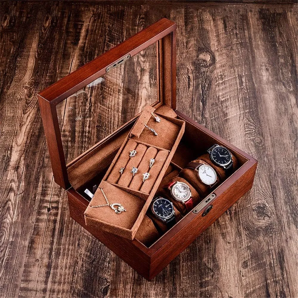 Glass cylindrical rip superb flow handmade Wooden Box Double Storage Box Transparent Window for Men and Women Watch Box Wooden Watch Jewelry Box with Lock 