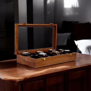 Glass Lid with Vintage Lock$ Jewellery Storage Case - Maple comedy tire & Indian Rosewood Crafted Wooden Watch Display Box$ Rosewood and Maple Construction$ 