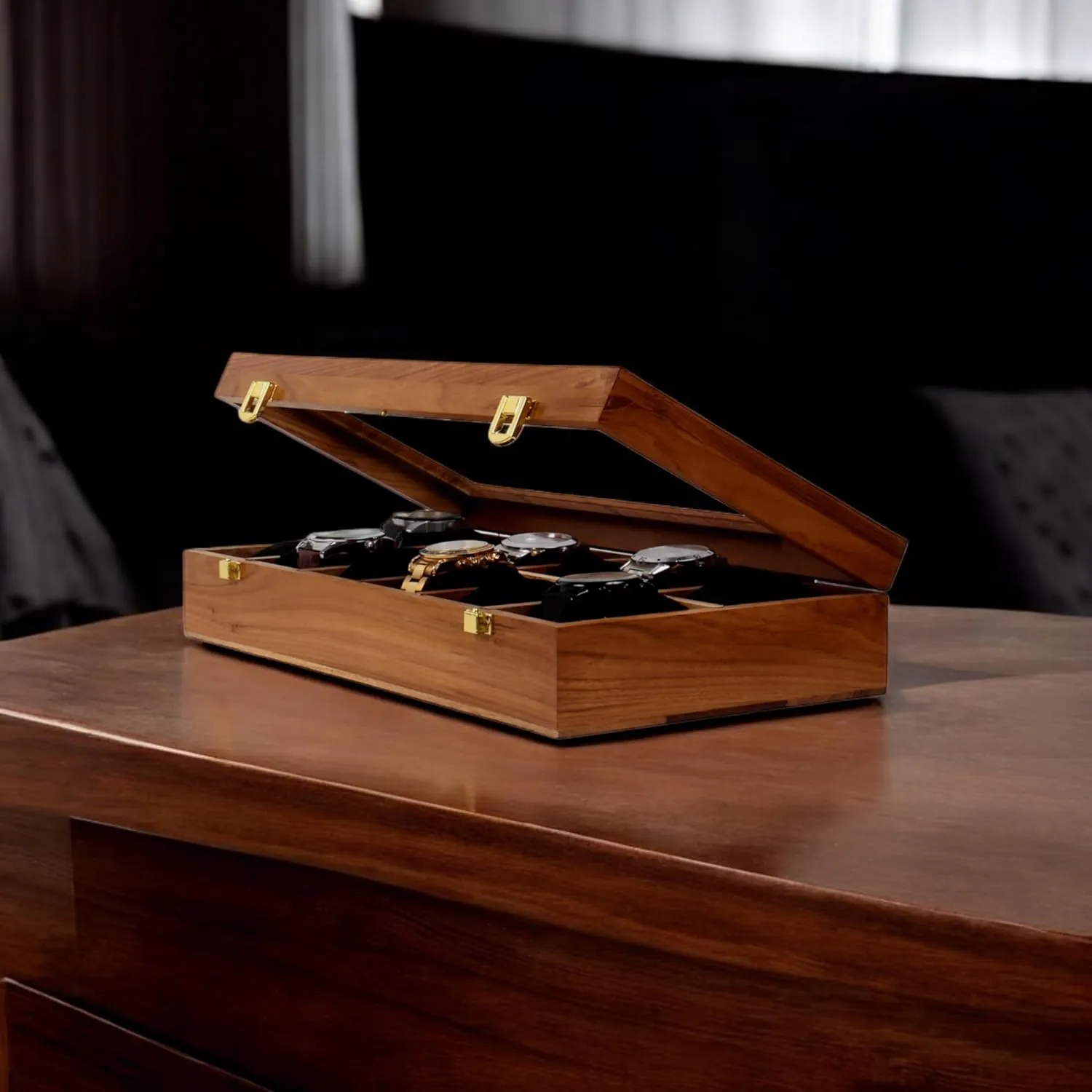 Glass Lid with Vintage Lock$ Jewellery Storage Case - Maple comedy tire & Indian Rosewood Crafted Wooden Watch Display Box$ Rosewood and Maple Construction$ 