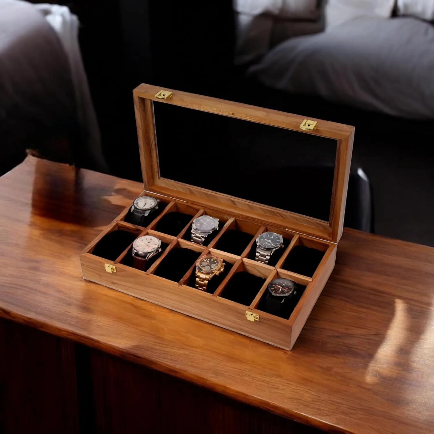 Glass Lid with Vintage Lock$ Jewellery Storage Case - Maple comedy tire & Indian Rosewood Crafted Wooden Watch Display Box$ Rosewood and Maple Construction$ 