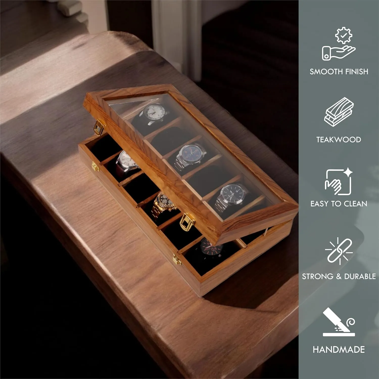 Glass Lid with Vintage Lock$ Jewellery Storage Case - Maple comedy tire & Indian Rosewood Crafted Wooden Watch Display Box$ Rosewood and Maple Construction$ 