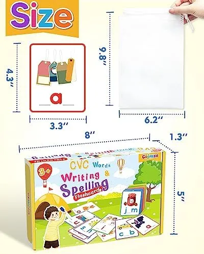 Gojmzo CVC Word Writing & Spelling Flash Cards, Preschool Learning Toddler Activities, Kindergarten Homeschool Supplies, Sight Words Reading Game, Montessori Educational Toys for 3 4 5 6 Year Old Kids