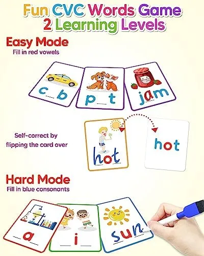 Gojmzo CVC Word Writing & Spelling Flash Cards, Preschool Learning Toddler Activities, Kindergarten Homeschool Supplies, Sight Words Reading Game, Montessori Educational Toys for 3 4 5 6 Year Old Kids
