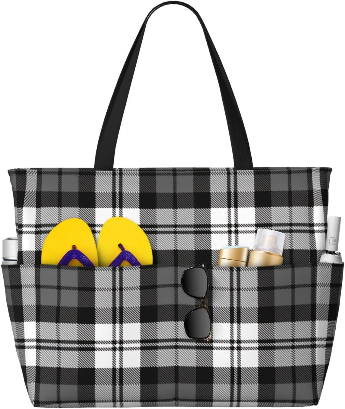 Grocery Travel With Wet vibration wrestle Pocket Black Gray And White Tartan Watch Plaid Beach Bag Women Tote Bag Pool Bag With Zipper For Gym 