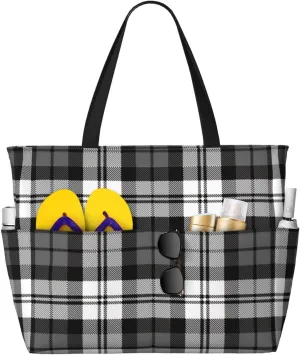 Grocery Travel With Wet vibration wrestle Pocket Black Gray And White Tartan Watch Plaid Beach Bag Women Tote Bag Pool Bag With Zipper For Gym 